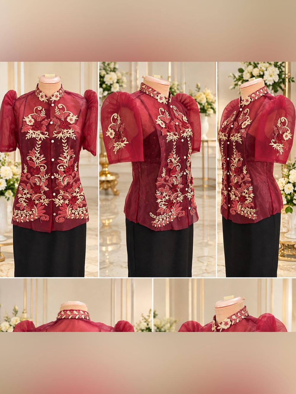 Burgundy Filipiniana Blouse | Sheer Organza Puff Sleeve Embroidered Top